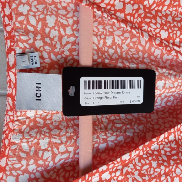 Ichi Orange sundress with white floral pattern and pockets! - Picture 4 of 7